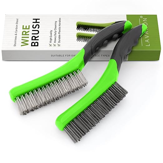 Wire Brush Set-Heavy Duty Stainless & Carbon Steel Bristles with Plastic Handle Grip for Rust, Wielding Slag, Dirt & Paint Scrubbing with Deep Cleaning ??10 Inches (Pack of 2-Green)