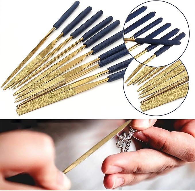 10-Piece Diamond Needle File Set, 4x160mm Titanium Coated Mini Files, Round Square Flat Shapes for Metal Glass Wood Stone Jewelry
