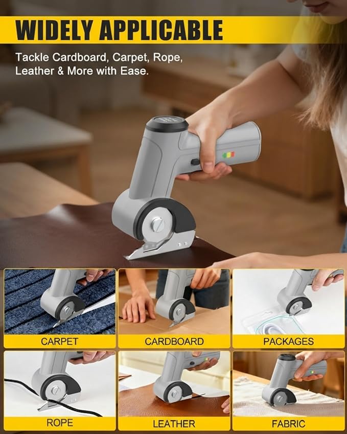 4V Cordless Electric Scissors, [Upgraded] Power Rotary Cutter with 2 Blades & LED Light, Max Cut 1/4" for Cardboard Box/Thin Carpet/Plastic, Includes Storage Case & USB Cable