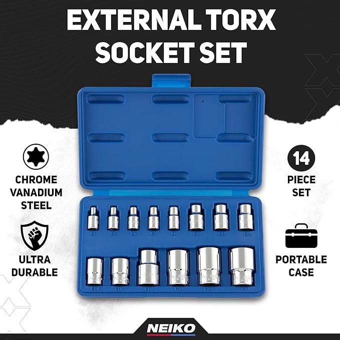 Neiko 04300A E-Torx Socket Set, 14 Piece, External Torx Socket, E4 to E24, 1/4?? 3/8??and 1/2??Drive, Female Star External Torx, Inverted Torx Socket Set, Cr-V Steel