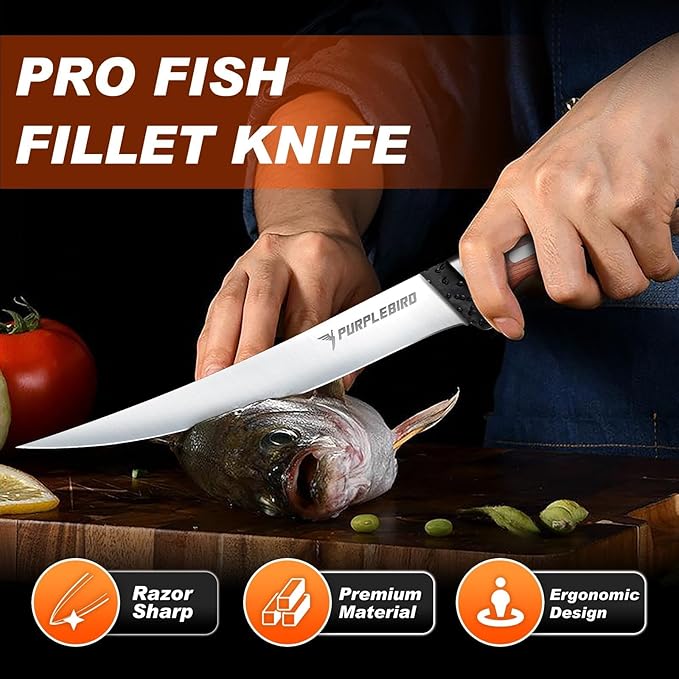 PURPLEBIRD Fillet Knife for Fish 7" with Sheath, 440C Stainless Steel Boning Knife for Meat Cutting with Wood Handle, Fish Fillet Knives Kitchen & Outdoor for Fishing, Hunting, BBQ, Christmas Gifts