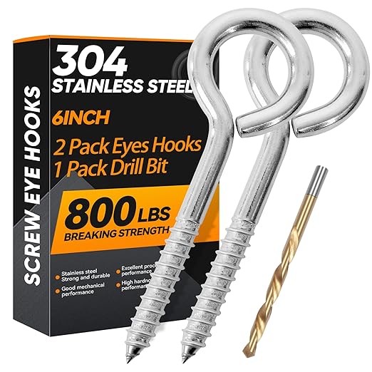 2Pcs 6 Inch Heavy Duty Screw Eyes Hooks, 304 Stainless Steel Self Tapping Eyelet Screw Eye Bolts,800LBS Breaking Strength, Screw in Eye Hooks for Wood Securing Cables Wire. (2, M10-6 Inch)
