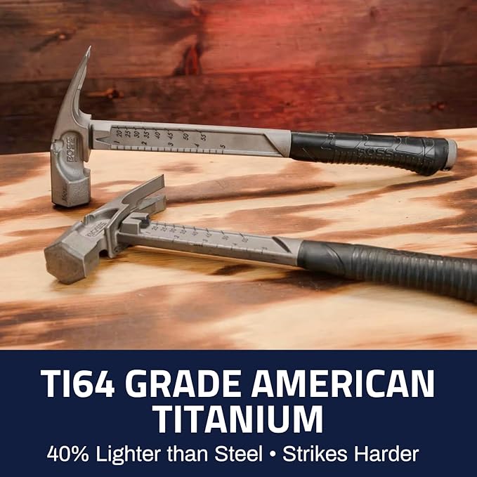 Boss Hammer 16 oz. Pro Plus Titanium Hammer - Ti64 Construction Grade, New Side Nail Extractor, 20% Thicker Handle, 1/4" Tether Hole, Milled Face - Made in the USA - BHPPS16TIM