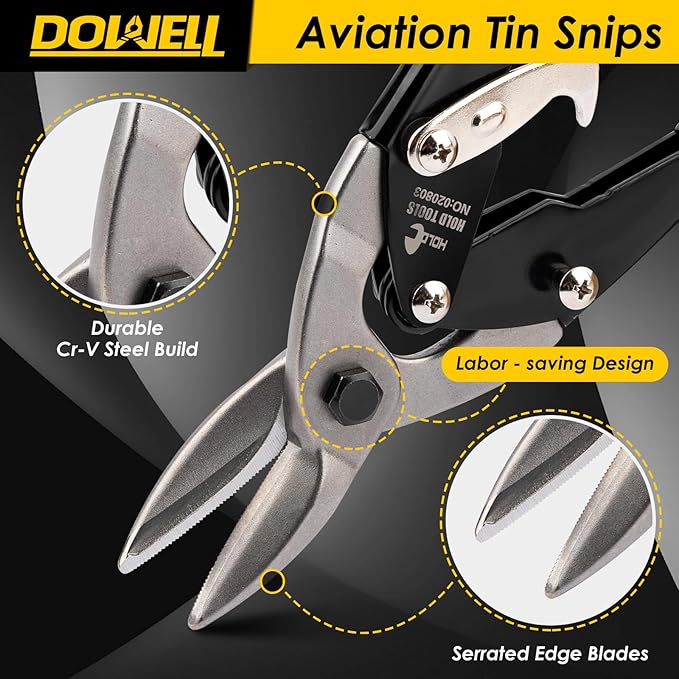 DOWELL 10 Inch Aviation Tin Snips Straight, Heavy Duty Cut Metal Shears for Sheet Metal, Chrome Vanadium Steel Blade, Ideal for DIY Enthusiasts, Handymen and Industrial Repairs