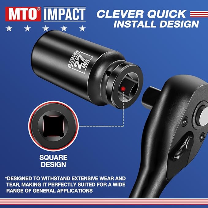 MTO 1/2" Drive 27mm Deep Impact Socket, 6-Point Metric Socket for Automotive Maintaince, CR-V Steel Meets ANSI Standards