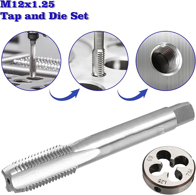 M12 x 1.25 Metric Thread Tap and Die Set, M12 x 1.25mm High-Speed Steel Machine Tap and Die Set, Right Hand Thread Tap and Round Thread Die