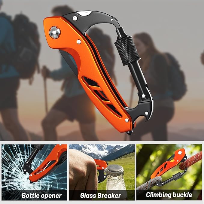 9 in 1 Multitool Carabiner Pocket Knife, Stocking Stuffers Gifts for Women, EDC Carabiners with Folding Knives, Bottle Opener, Window Breaker and Screwdriver, Survival Gear for Camping Hiking (Orange)