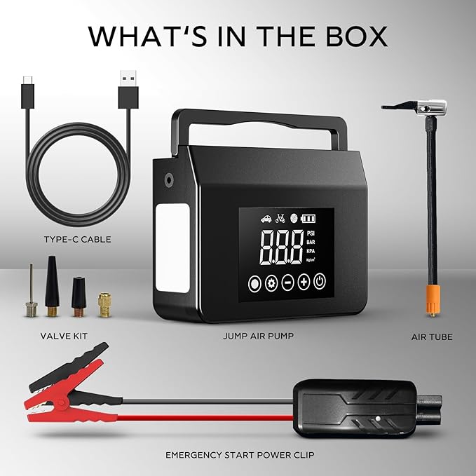Hieha 4000A Portable Jump Starter with Air Compressor, 12V Car Battery Charger (All Gas 8L Diesel) with 150PSI Tire Inflator 15000mAh PowerBank & Quick Charge, Flashlight, emergency kit for Car, truck