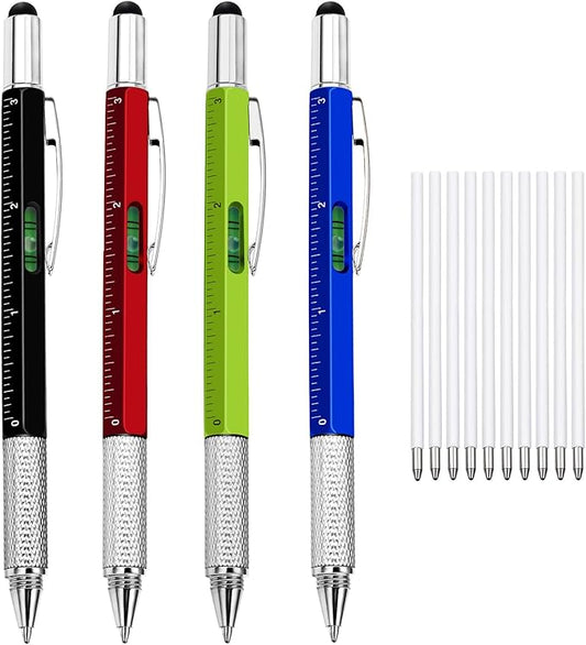 Zhanmai 4 Pcs Multitool Pens 6 in 1 Multi-tool Pen Set with Refills for Men's Birthday Gifts, Christmas Stocking Stuffers for Men Dad Husband (Red,Green,Gray,Blue)