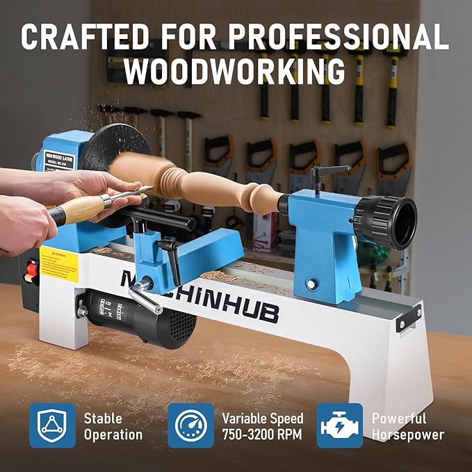 Mini Benchtop Wood Lathe, 8" x 12" Small Wood Lathe Machine 1/3 HP Infinitely Variable Speed 750-3200 RPM with Wood Turning Lathe Tools Kits Professional for DIY Woodworking