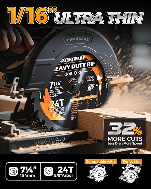 COMOWARE 7-1/4“ Circular Saw Blade 10pcs, 24T ATB Circular Saw Blade, 5/8" Arbor, Laser-Cut Ultra-Thin Kerf, Anti-Vibration, Teflon Anti-Stick, Miter Saws Blades for Hardwood and Precision Cutting