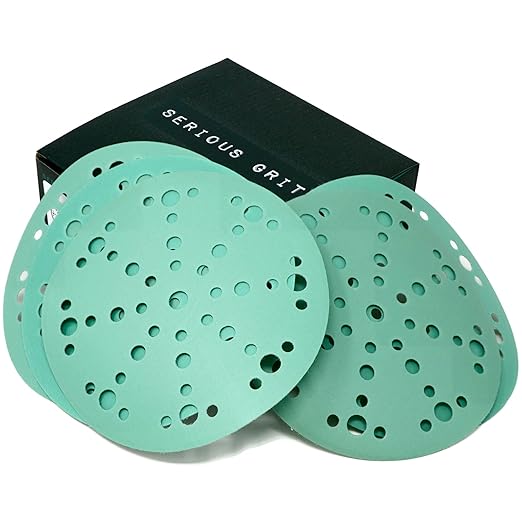 Serious Grit - 6-Inch 49-Hole High Grit Sanding Discs Assortment - 320, 400, 600, 800, 1000 Grit (10 of Each) - Wet Dry Hook & Loop Film Discs - Sandpaper for Random Orbital Sanders - 50 Pack Box