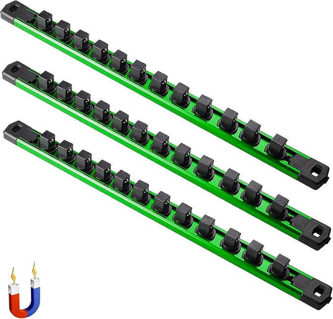 ALOANES 3-Piece Magnetic Socket Organizer, Heavy Duty Aluminum Socket Rails Organizer, 360째 Swivel Clips Socket Rail Set For Sockets Storage, 1/2-Inch Socket Holder x 36 Clips (Green)