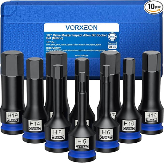 10 Pcs 1/2" Drive Metric Impact Allen Hex Bit Socket Set 42 Cr-Mo 5mm - 19mm One-piece construction with Storage case for Automotive repair