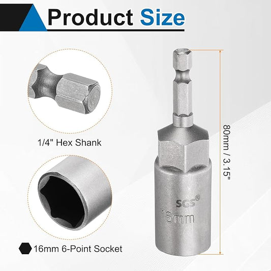 HARFINGTON 5pcs Nut Driver Drill Bit 16mm Metric Socket 1/4" Hex Shank 3.15" (80mm) Long 6-Point Sockets Quick Change CR-V Steel Bolt Setters for Power Drill Drivers