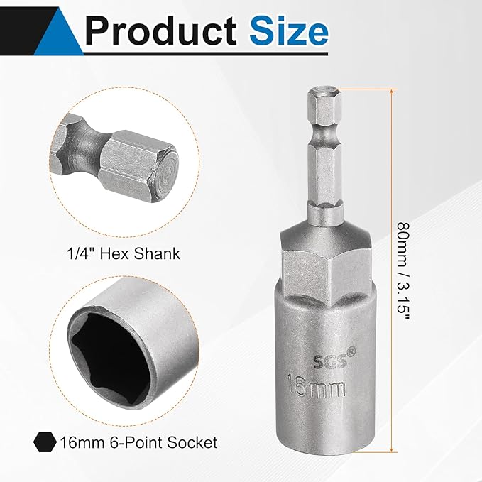 HARFINGTON Nut Driver Drill Bit 16mm Metric Socket 1/4" Hex Shank 3.15" (80mm) Long 6-Point Sockets Quick Change CR-V Steel Bolt Setters for Power Drill Drivers