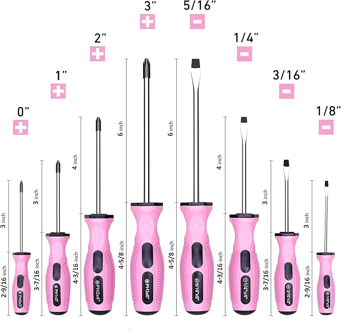 FASTPRO 8-Piece Pink Magnetic Screwdrivers Set with 4 Phillips and 4 Slotted Tips, Precision Screwdriver Repair Tool Kit for Women
