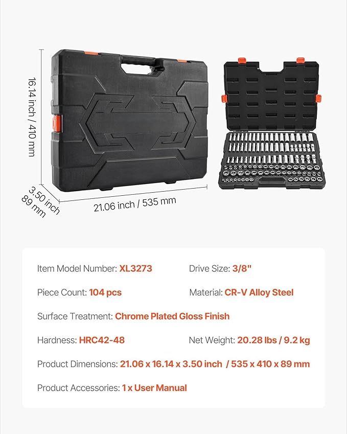 104-Piece 3/8" Drive Socket Set,Metric (6-24mm),Deep and Standard Sockets,Chrome Plated CR-V Steel,with Storage Case,Professional Mechanic Tool Kit for Automotive Repair