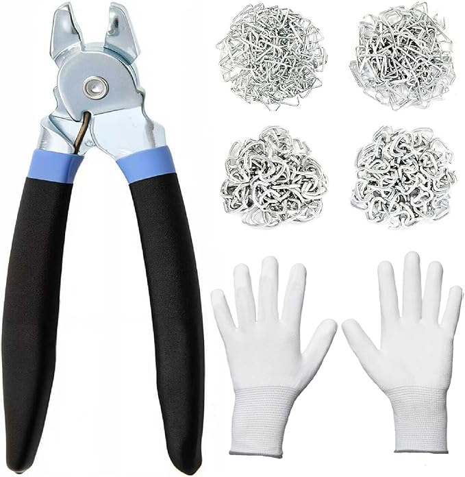 Hog Ring Pliers Kit with 380 Pcs 1" 3/4" 1/2" 3/8" Galvanized Steel Hog Rings,Bent Hog Ring Pliers Kit for Auto Upholstery and Fencing,Bagging,DIYCraft,Furniture(Blue)