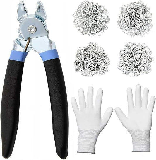 Hog Ring Pliers Kit with 380 Pcs 1" 3/4" 1/2" 3/8" Galvanized Steel Hog Rings,Bent Hog Ring Pliers Kit for Auto Upholstery and Fencing,Bagging,DIYCraft,Furniture(Blue)