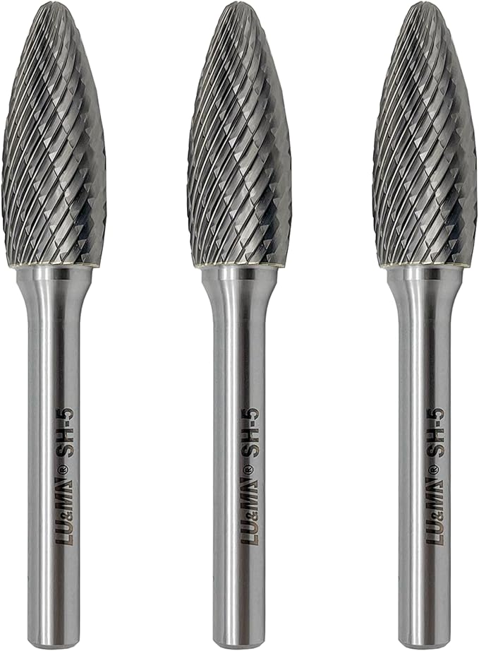 LU&MN SH-5 Tungsten Carbide Burr Rotary File Flame Shape Double Cut (1/2??Cutter Dia X 1-1/4?쒬utter Length) with 1/4'' Shank Dia,3PCS