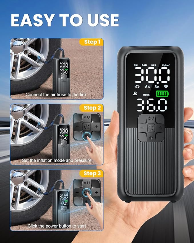 Tire Inflator Portable Air Compressor, T05 Air Pump for Car, Motorcycle, Bike, Balls with Tires Pressure Gauge, 150PSI Air Compressor Portable, Tires Pump with LED Light & Auto Shut-Off
