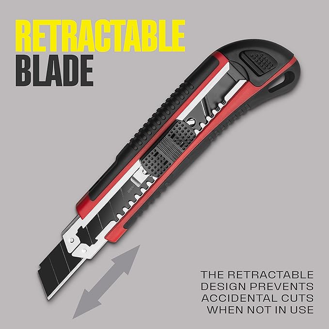 18mm Retractable Utility Knife with 4x SK2H Snap Off Black Spare Blades (18mm 1 PACK)