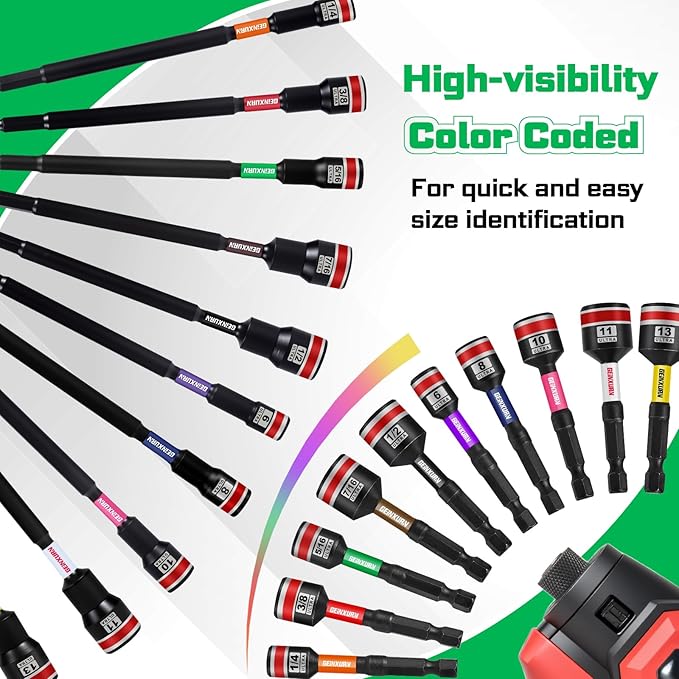 Impact Nut Driver Set, 10 Pieces 2.56???쒵ong 5/16?? Point Alloy Steel Magnetic SAE Nut Setter Set Use For Require Installing 1/4 Hex Shank Impact Driver with Case Box