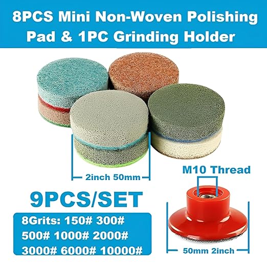 2inch 50mm Mini Non-Woven Polishing Pad, 8 Different Grit 150#-10000# Sanding Discs & M10 Thread Hook & Loop Backing Holder for Detail Fine Grinding Buffing (9Pcs/Set)