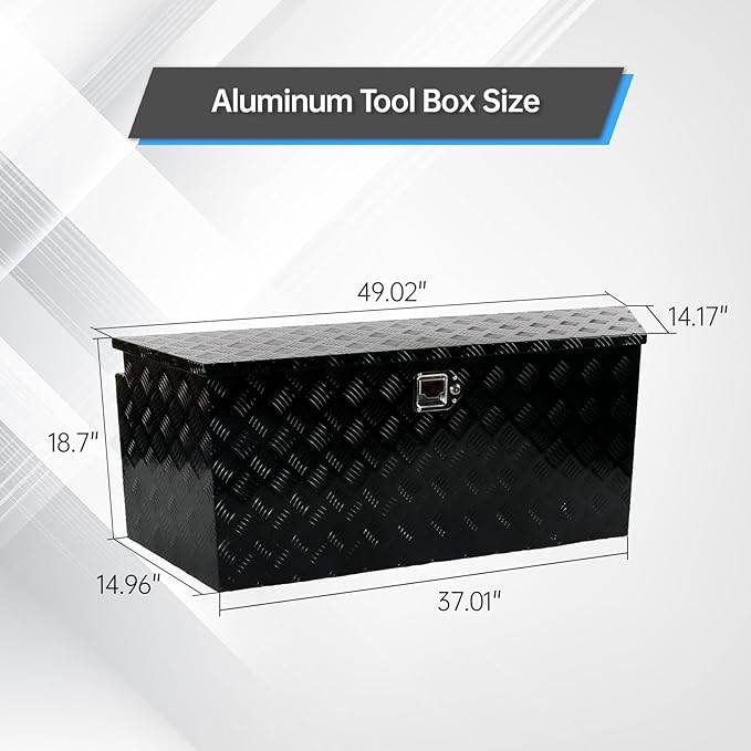 49 Inch Aluminum trailer tongue box heavy duty 5 Bar Tread Trailer tool box Storage Organizer with Flipped steps, Black (49'' x 15'' x 18.5'')