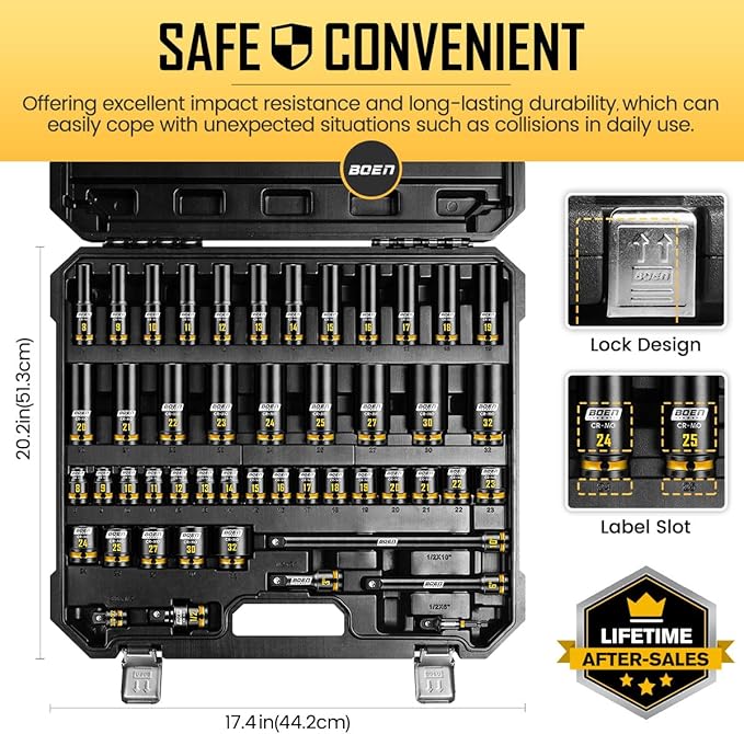 boen 48PCS 1/2??Drive Metric Socket Set, Impact Deep&Shollow Socket(8mm-32mm), for Lug Nut Use, 6-Point with Yellow Embossed Marking, CR-MO