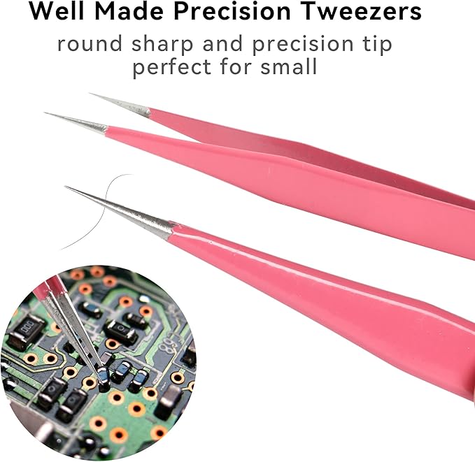 H&W Pink Precision Tweezers 6PCS Set, Upgraded Anti-Static Stainless Steel Curved of Tweezers for Women, for Electronics, Laboratory Work, Jewelry-Making, Craft, with Storage Bag