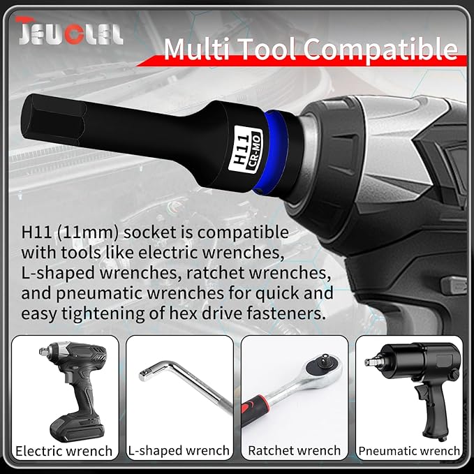 11mm Hex Impact Bit Socket, H11 1/2-Inch Impact Drive Allen Socket, Cr-Mo Steel Lengthen Hex Screwdriver Adapter for Electric Ratchet Wrenches Fastening Screws
