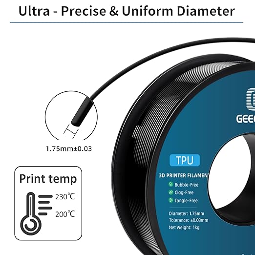 Geeetech TPU Filament 1.75mm, Shore 95A Flexible 3D Printer Filament with High Elasticity, 1KG (2.2lbs) Spool, Dimensional Accuracy 짹0.03mm, Fits Most FDM Printers (Black)