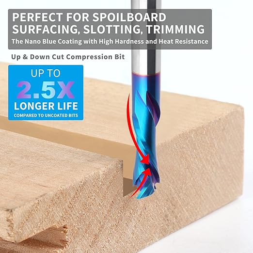 2PCS Spiral Router Bits Up Down Compression Bit 1/2" Cutting Diameter with Nano Blue Coated, 1/2" Shank Solid Carbide CNC End Mill for Wood Carving Engraver Milling Cutters (Extra Long 4??