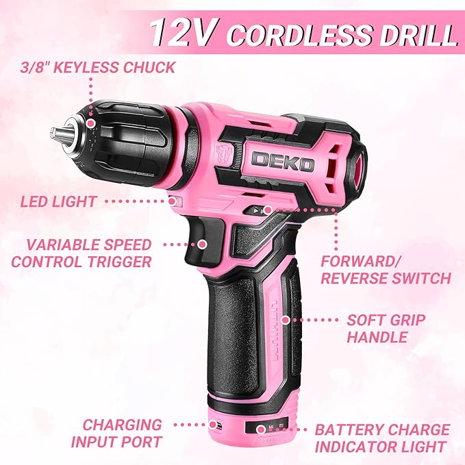 Pink Tool Kit Box Drill Set竊숧EKOPRO Home Mechanic Toolbox with 12V Power Cordless Drill Hand Repair Tools Sets Combo Kits Storage Organizer Drawer Case for Men & Women