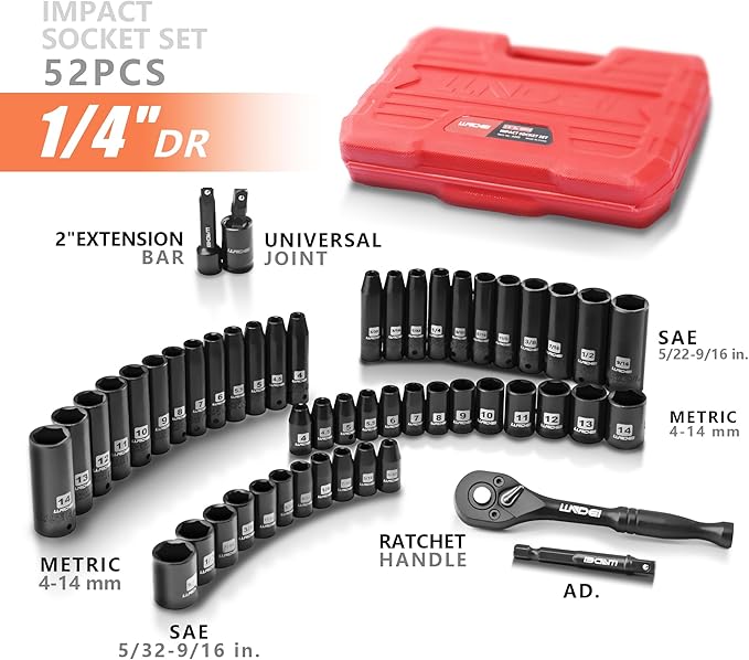 LLNDEI 1/4?쒭rive Impact Socket Set, 52 PCS Mechanic Tool Set with 72-Tooth Ratchet & Adapter, CR-V, Metric and SAE Sockets Storage Kit for Household Automotive Repair DIY Project