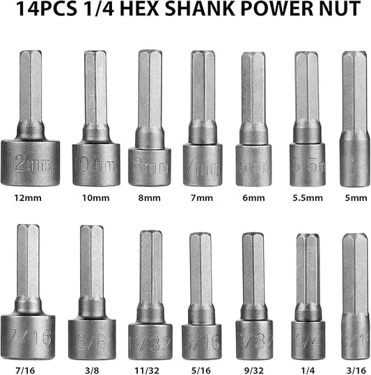 HPHOPE Power Nut Driver Drill Bit Set, 14 Pcs, 1/4 Inch Hex Shank Chrome Vanadium Steel, Widely Used in DIY, Woodworking, Auto Parts, Professional Machine Repair