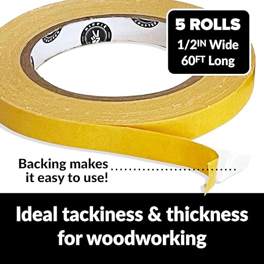 HIPPIE CRAFTER Double Sided Tape for Woodworking, 1/2 Inch Wide Heavy Duty Woodworking Tape for CNC Machines and Routing Templates, 5 Pack, 60 Feet Each,300ft Total