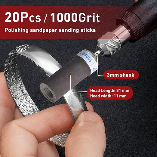 20Pcs 1000 Grit Sanding Drums Sandpaper Sticks Set with 1/8"(3mm) Shank for Dremel Rotary Tool, Suitable for Metal Rust Removal/Jade Polishing/Stone Grinding
