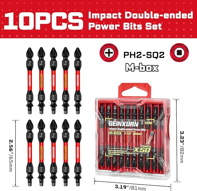 10Pcs PH2-SQ2 Impact Double End Screwdriver Bit Set, 2.56 in. #2 Phillips /#2 Square Power Driver Bits, Magnetic S2 Steel Two Sides Screwdriver Bits Set with Storage M-Box