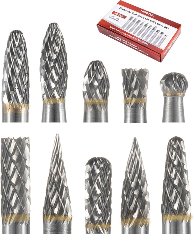 Carbide Burr Set 10PC 1/4" Shank ??6mm Tungsten Double Cut Carbide Rotary Burr Set for Metal and Wood Carving, Grinding, Polishing, Engraving, Drilling.