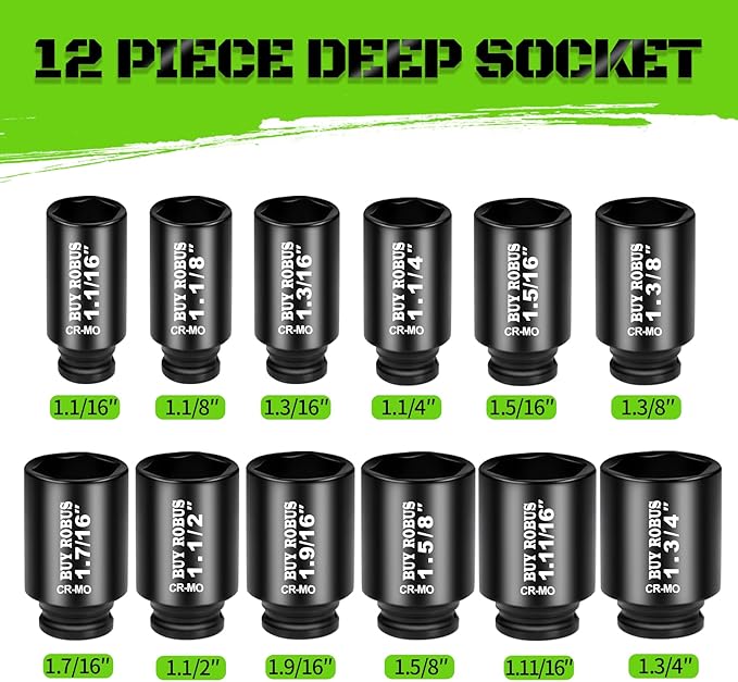 1/2"12-Piece Extended Drive Impact Socket Set, Deep SAE Spindle Axle Nut Impact Socket Set, Cr-Mo, 1-1/16, 1-1/8, 1-3/16, 1-1/4, 1-5/16, 1-3/8, 1-7/16, 1-1/2, 1-9/16, 1-5/8, 1-11/16, 1-3/4 Socket