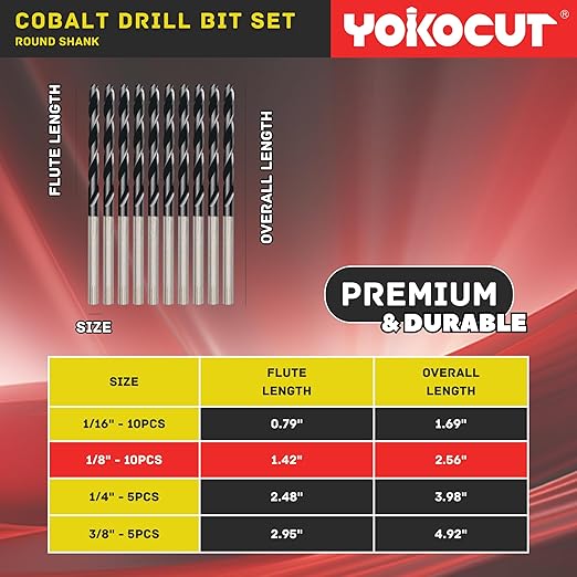 1/8 Inch Cobalt Drill Bit 10PCS | High Speed Steel | Drill Bit for Stainless Steel and Hardened Metal | HSS M35 Titanium Aluminum Nitride Coating