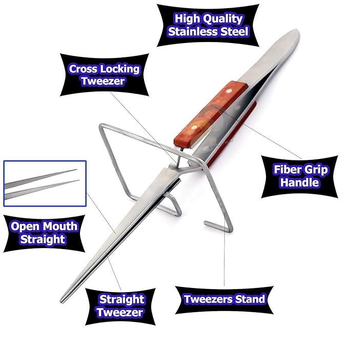 6-1/4" Straight Fiber-Grip Cross-Locking Tweezers with Stand for Soldering Welding Jewelry Making Repair Tool by G.S Online Store