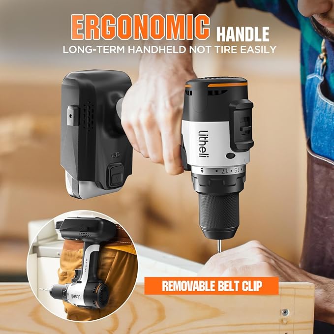 Litheli 20V Brushless Cordless Drill Driver, 530 In-lbs High Torque, 1/2 Inch Keyless Chuck, 2000 RPM, 2.0Ah Battery (Power Bank Function), Type-C Charging, Lightweight Electric Drill for DIY