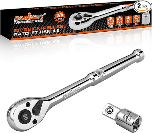 HORUSDY 3/8" Drive 90T Quick-Release Ratchet Handle, Reversible, Chrome Alloy Made, Full Polished, Includes 3/8" to 1/2" Socket Adapter, Ideal for Auto Repair, Home & Industrial Use