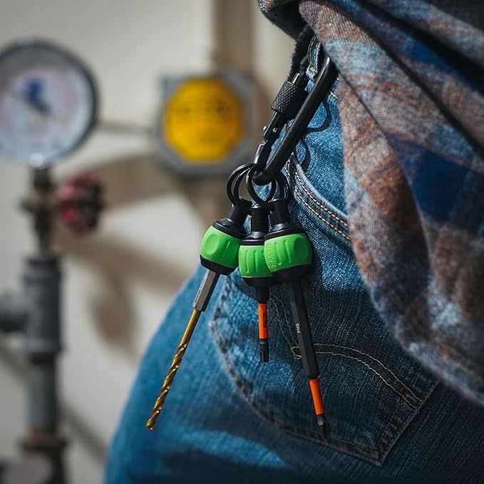 Bit Holder Key Chain Screwdrivers - Railer Heavy Duty 1/4" Hex Soft Ball Grip Bit Holders & Secure Keychain Carabiner. HVAC Tools w/Quick Release For Nut Drivers, Impact Driver & Drill Bits