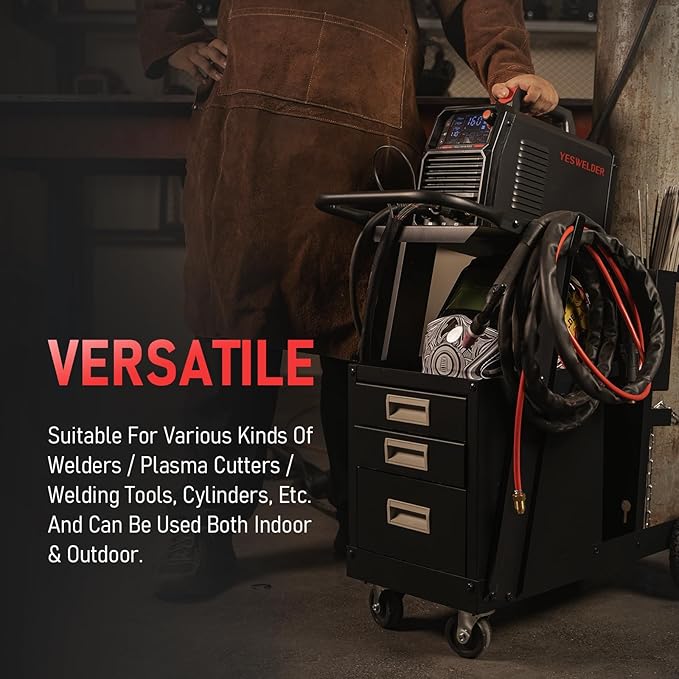 YESWELDER Welding Cart with 3 Drawers for MIG Welder TIG Welder and Plasma Cutter, Heavy Duty Large Storage 360째 Rolling Welding Trolley