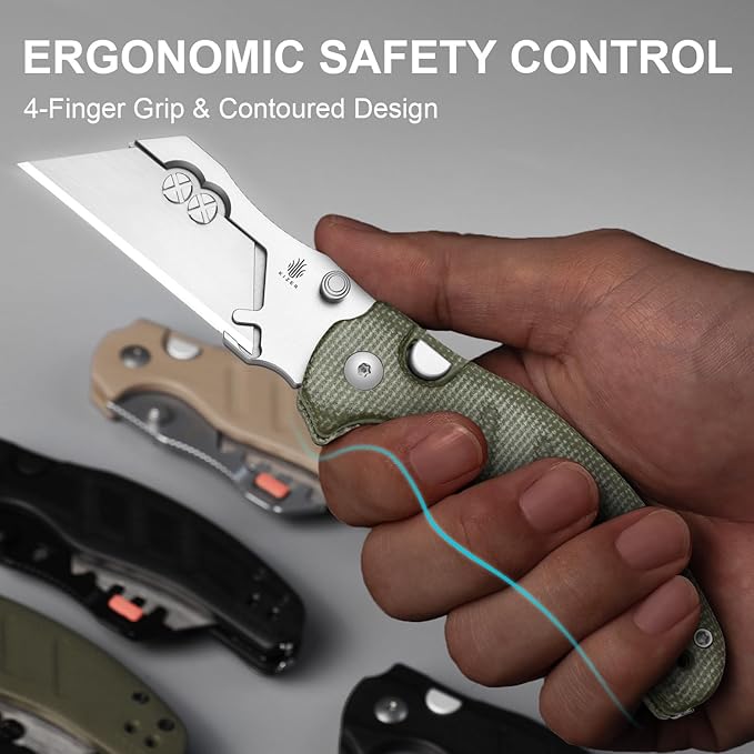 Kizer C01C Uti 1 (Dual-screw Version) Utility Knife, Button Liner Lock Box Cutter EDC Pocket Knife with 5PCS Razor Blades, Green Micarta Handle Small Folding Knives for Men Women, V3488.29JSM1